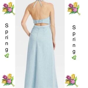 Halter Neck Denim Maxi Dress - Blue 4 NWT